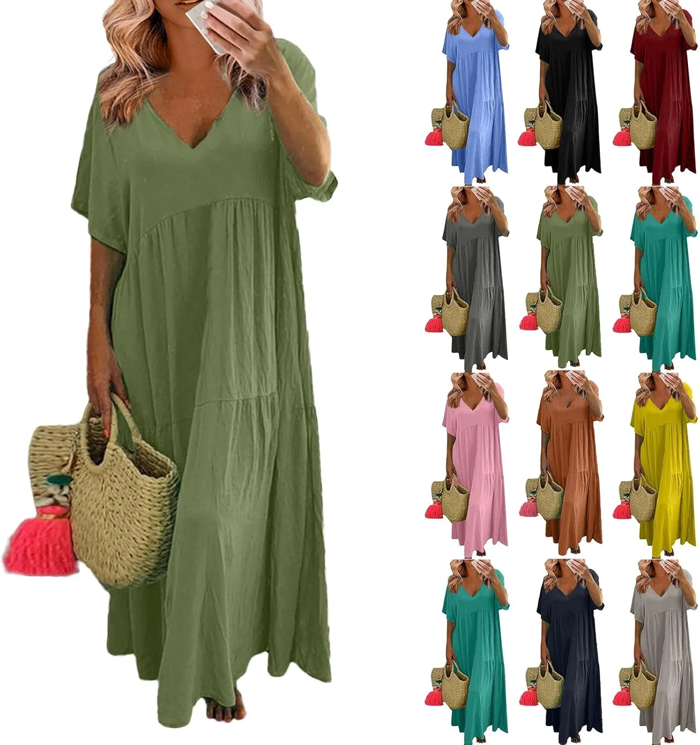 Summer Maxi Dresses for Women Plus Size Cotton Linen V Neck Tiered Dress Loose Casual Maternity Beach Long Flowy Dresses
