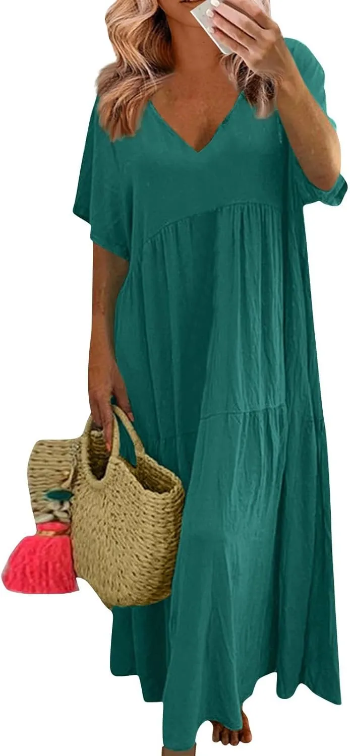 Summer Maxi Dresses for Women Plus Size Cotton Linen V Neck Tiered Dress Loose Casual Maternity Beach Long Flowy Dresses