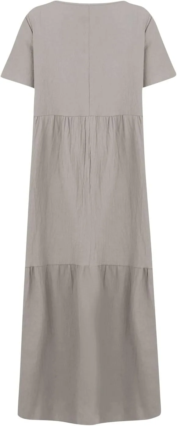 Summer Maxi Dresses for Women Plus Size Cotton Linen V Neck Tiered Dress Loose Casual Maternity Beach Long Flowy Dresses