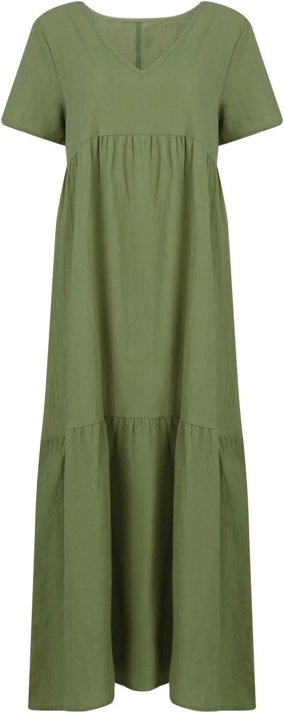 Summer Maxi Dresses for Women Plus Size Cotton Linen V Neck Tiered Dress Loose Casual Maternity Beach Long Flowy Dresses