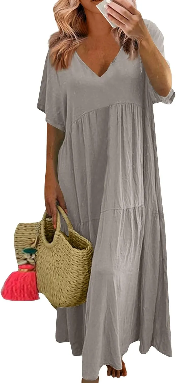 Summer Maxi Dresses for Women Plus Size Cotton Linen V Neck Tiered Dress Loose Casual Maternity Beach Long Flowy Dresses