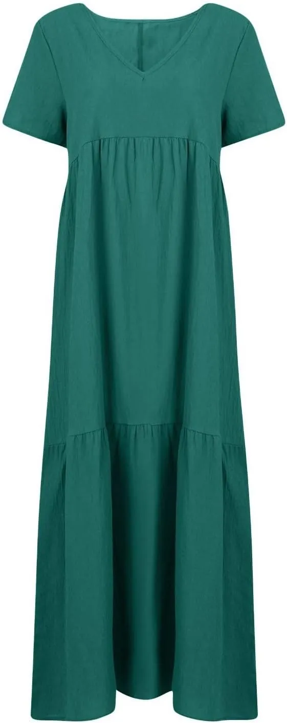 Summer Maxi Dresses for Women Plus Size Cotton Linen V Neck Tiered Dress Loose Casual Maternity Beach Long Flowy Dresses
