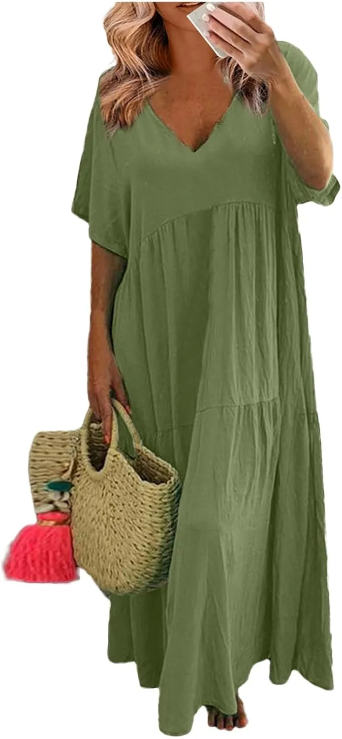Summer Maxi Dresses for Women Plus Size Cotton Linen V Neck Tiered Dress Loose Casual Maternity Beach Long Flowy Dresses