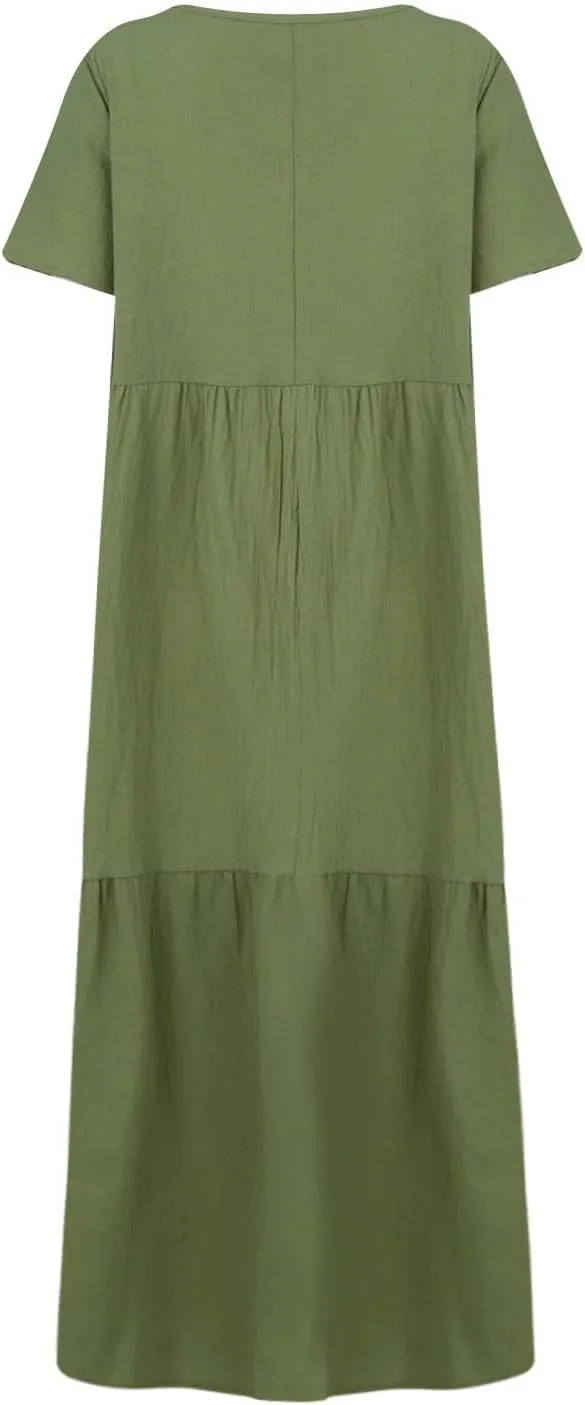 Summer Maxi Dresses for Women Plus Size Cotton Linen V Neck Tiered Dress Loose Casual Maternity Beach Long Flowy Dresses