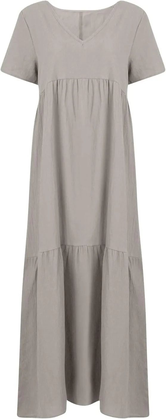 Summer Maxi Dresses for Women Plus Size Cotton Linen V Neck Tiered Dress Loose Casual Maternity Beach Long Flowy Dresses