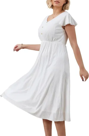 Summer Plus Size White Maxi Dresses for Women V-Neck Flutter Sleeve Button Front Elastic Waist Flowy White Dress