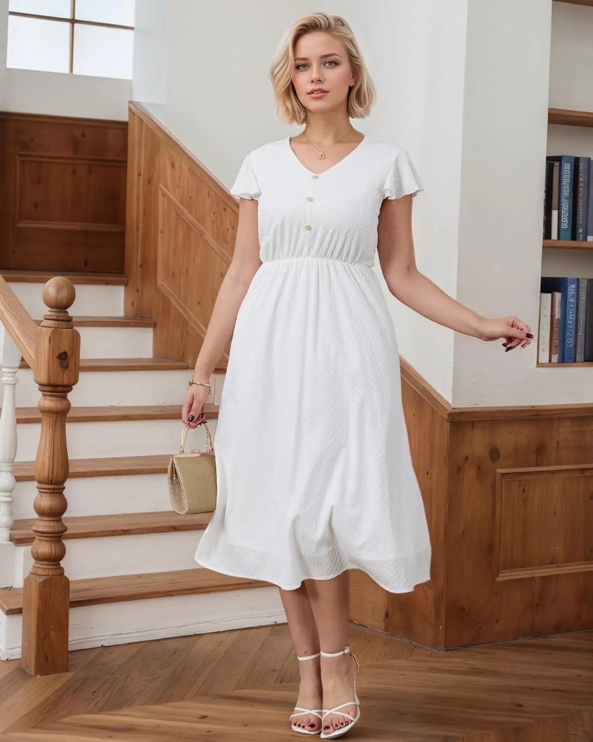 Summer Plus Size White Maxi Dresses for Women V-Neck Flutter Sleeve Button Front Elastic Waist Flowy White Dress
