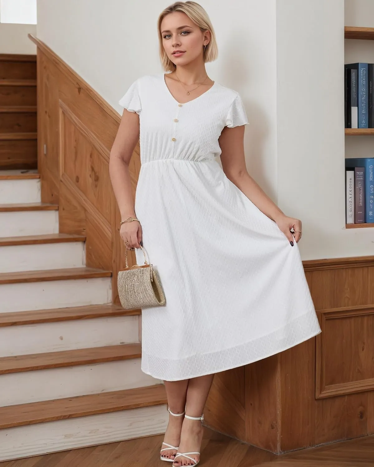 Summer Plus Size White Maxi Dresses for Women V-Neck Flutter Sleeve Button Front Elastic Waist Flowy White Dress