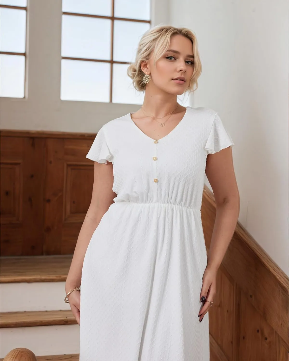 Summer Plus Size White Maxi Dresses for Women V-Neck Flutter Sleeve Button Front Elastic Waist Flowy White Dress