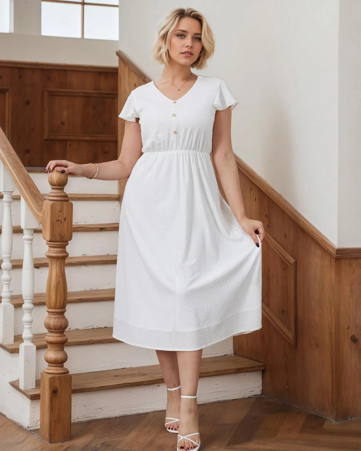 Summer Plus Size White Maxi Dresses for Women V-Neck Flutter Sleeve Button Front Elastic Waist Flowy White Dress
