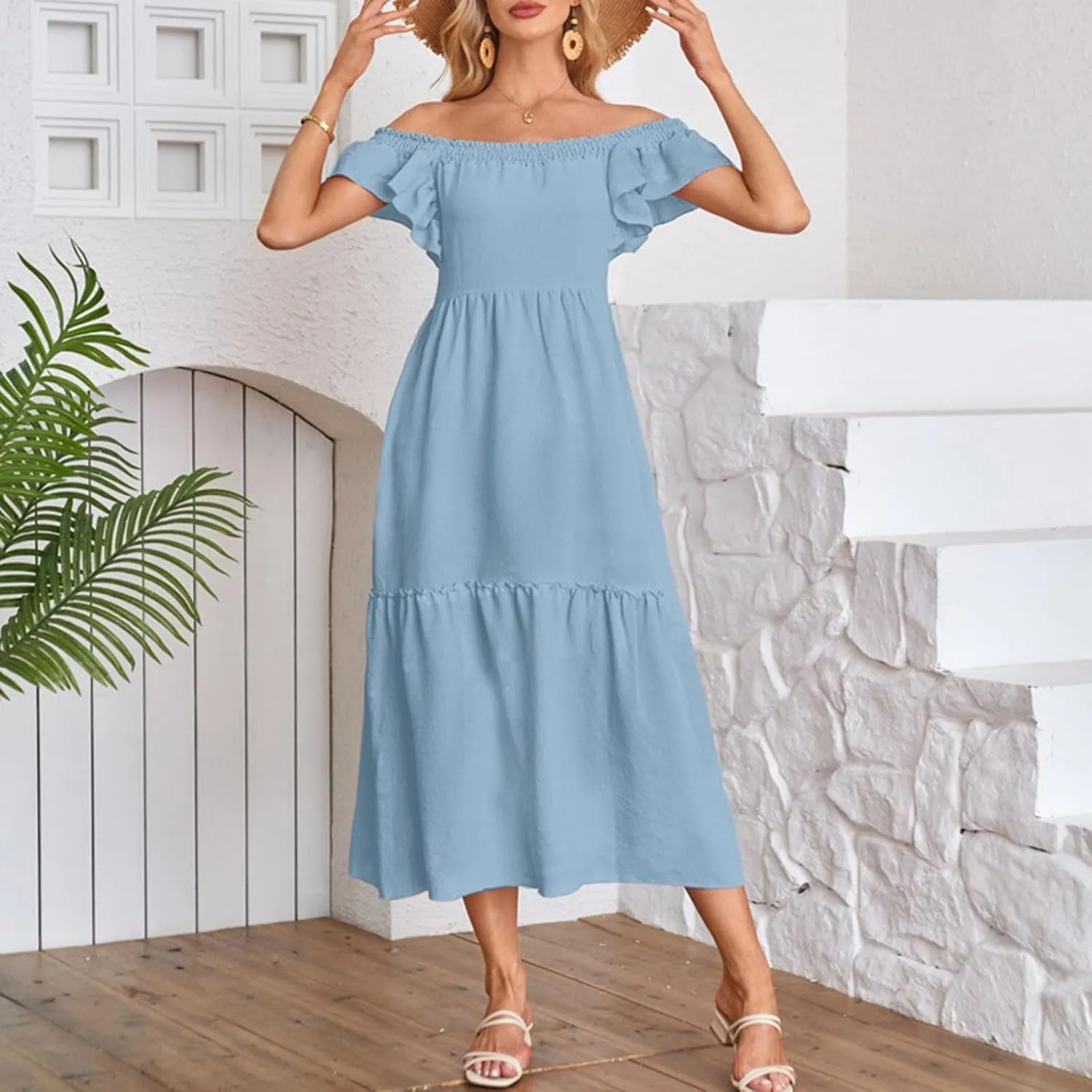 Summer Ruffle Strap Sleeveless Dress for Women Square Neck Pleated A Line Tiered Maxi Dress Holiday Beachwear