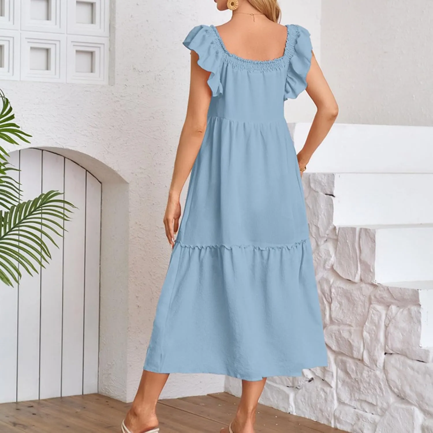 Summer Ruffle Strap Sleeveless Dress for Women Square Neck Pleated A Line Tiered Maxi Dress Holiday Beachwear