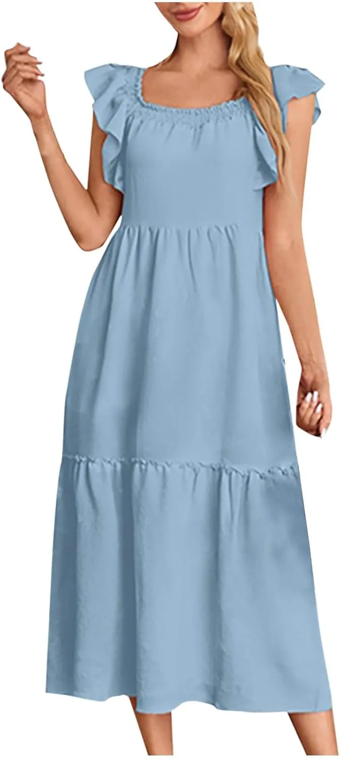 Summer Ruffle Strap Sleeveless Dress for Women Square Neck Pleated A Line Tiered Maxi Dress Holiday Beachwear