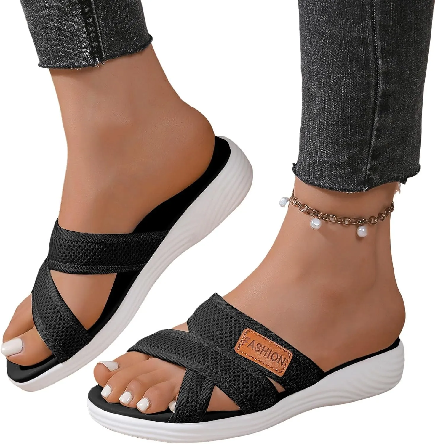 Summer Sandals For Women 2025,Women's Slide Sandals,Comfortable Trendy Beach Breathable Hollow Mesh Casual Orthopedic Comfy Low Heel Plantar Fasciitis Bunion Walking Sandal for Daily Wear