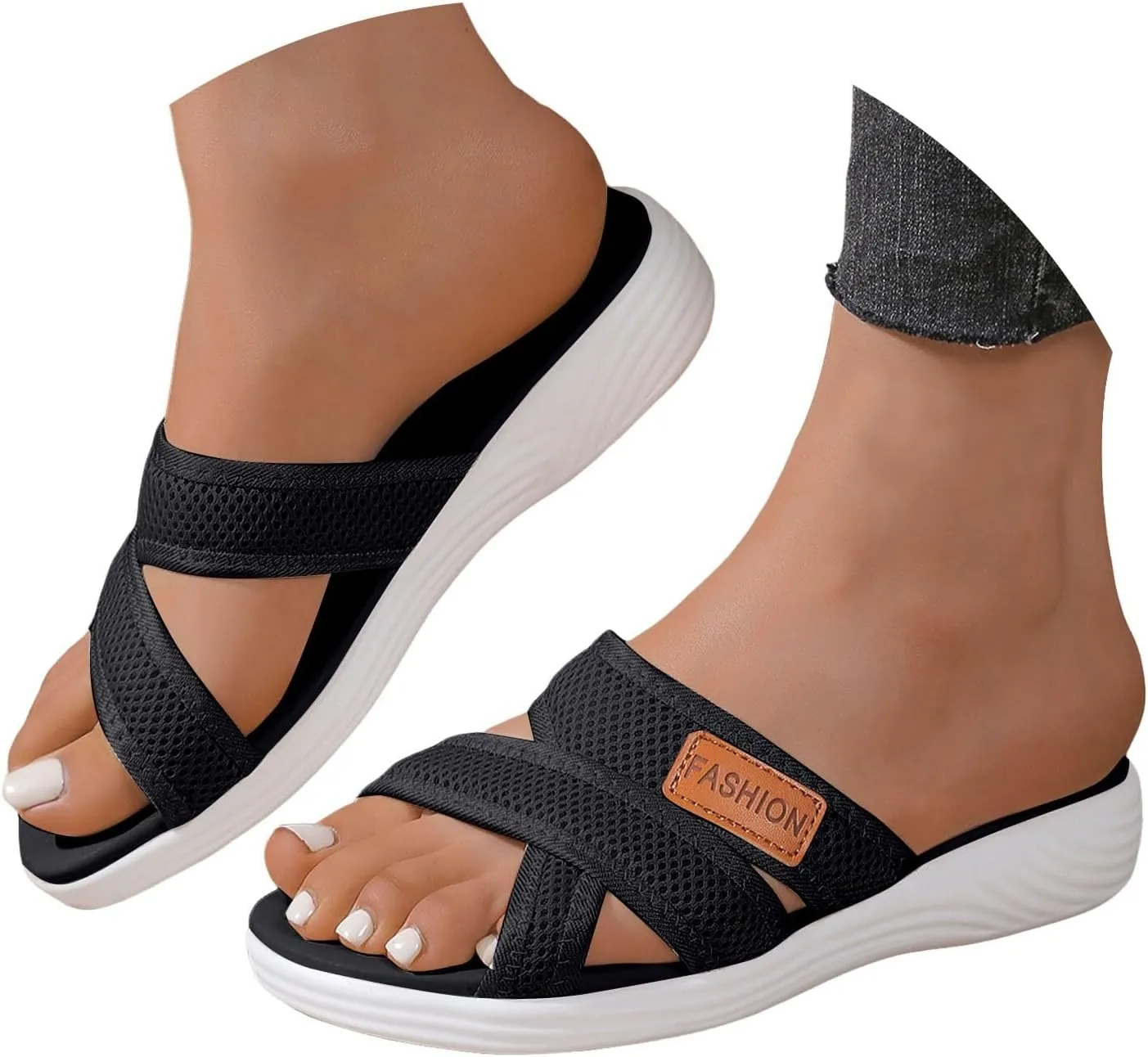 Summer Sandals For Women 2025,Women's Slide Sandals,Comfortable Trendy Beach Breathable Hollow Mesh Casual Orthopedic Comfy Low Heel Plantar Fasciitis Bunion Walking Sandal for Daily Wear