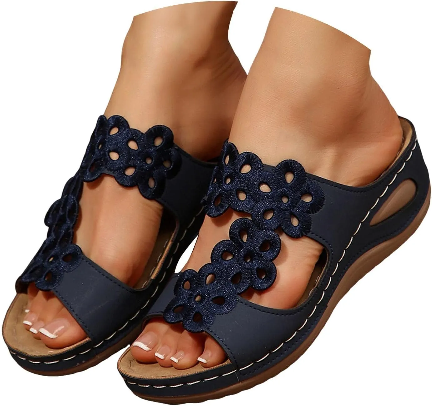 Summer Sandals For Women 2025,Women's Slide Sandals,Orthopedic Womens Arch Support Slides Orthotic Comfortable Casual Hollow Mesh Flowers Straps Slip-On Low Wedge Beach Plantar Fasciitis Bunion Sandal
