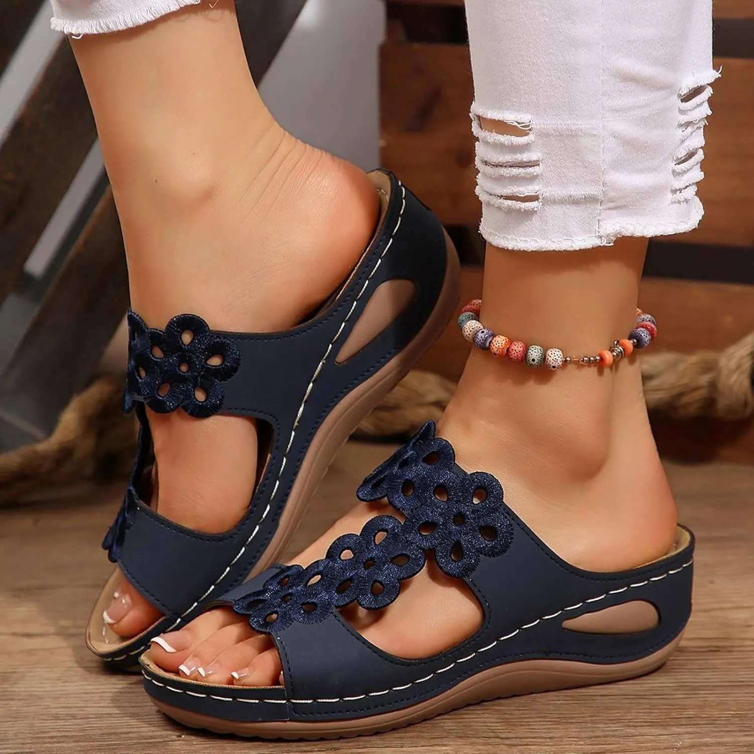 Summer Sandals For Women 2025,Women's Slide Sandals,Orthopedic Womens Arch Support Slides Orthotic Comfortable Casual Hollow Mesh Flowers Straps Slip-On Low Wedge Beach Plantar Fasciitis Bunion Sandal