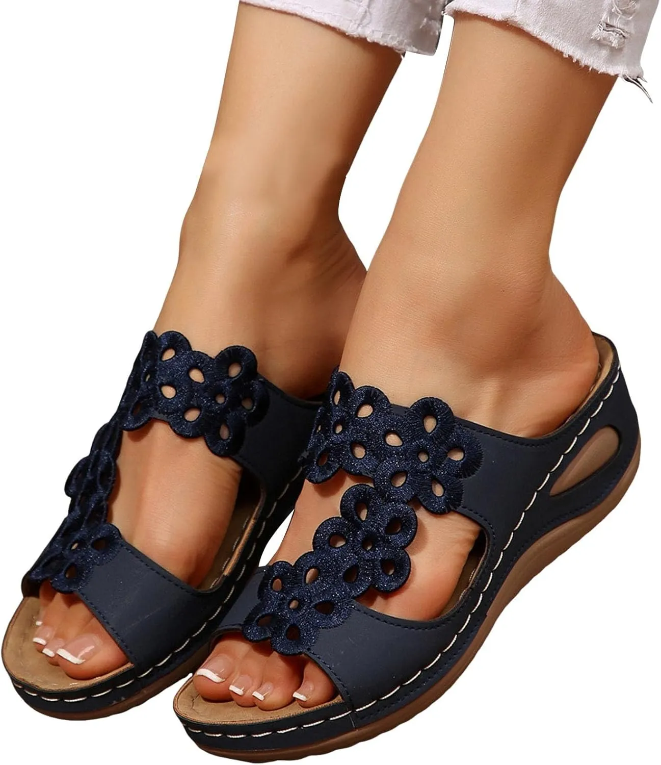 Summer Sandals For Women 2025,Women's Slide Sandals,Orthopedic Womens Arch Support Slides Orthotic Comfortable Casual Hollow Mesh Flowers Straps Slip-On Low Wedge Beach Plantar Fasciitis Bunion Sandal