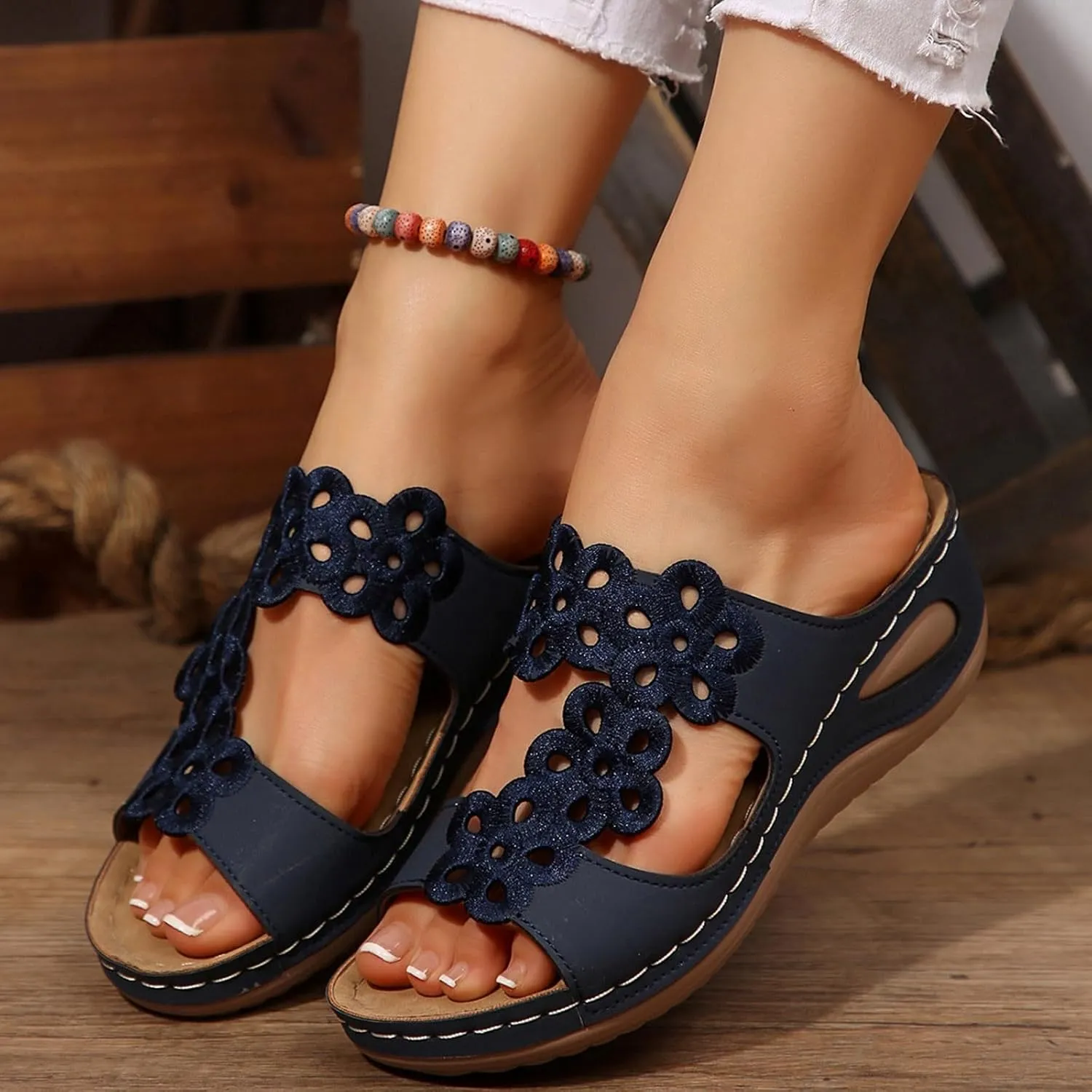 Summer Sandals For Women 2025,Women's Slide Sandals,Orthopedic Womens Arch Support Slides Orthotic Comfortable Casual Hollow Mesh Flowers Straps Slip-On Low Wedge Beach Plantar Fasciitis Bunion Sandal