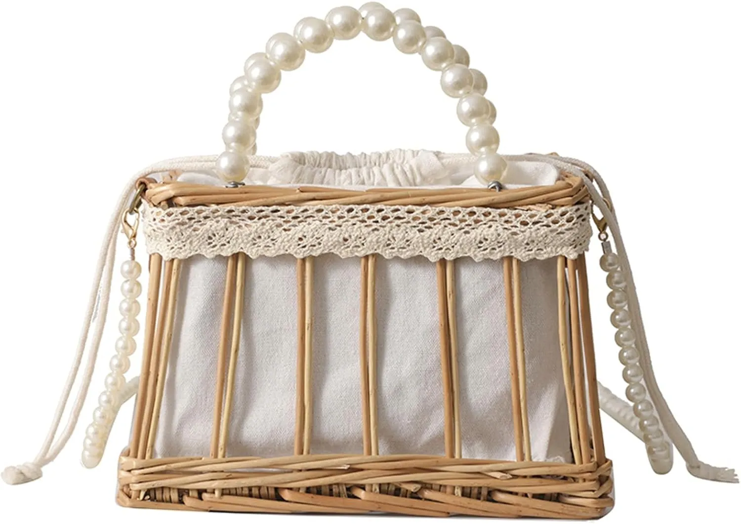 Summer Woven Straw Crossbody Bag Pearl Handle Satchel Style Handbag Lace Bow Vintage Beach Travel