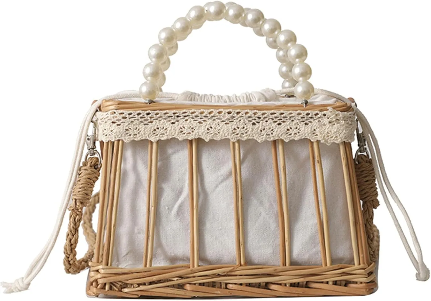Summer Woven Straw Crossbody Bag Pearl Handle Satchel Style Handbag Lace Bow Vintage Beach Travel