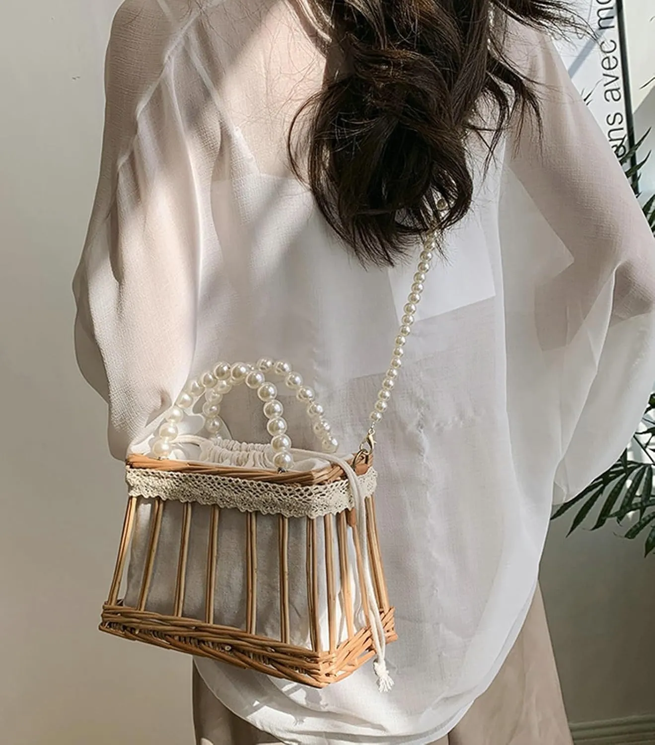 Summer Woven Straw Crossbody Bag Pearl Handle Satchel Style Handbag Lace Bow Vintage Beach Travel