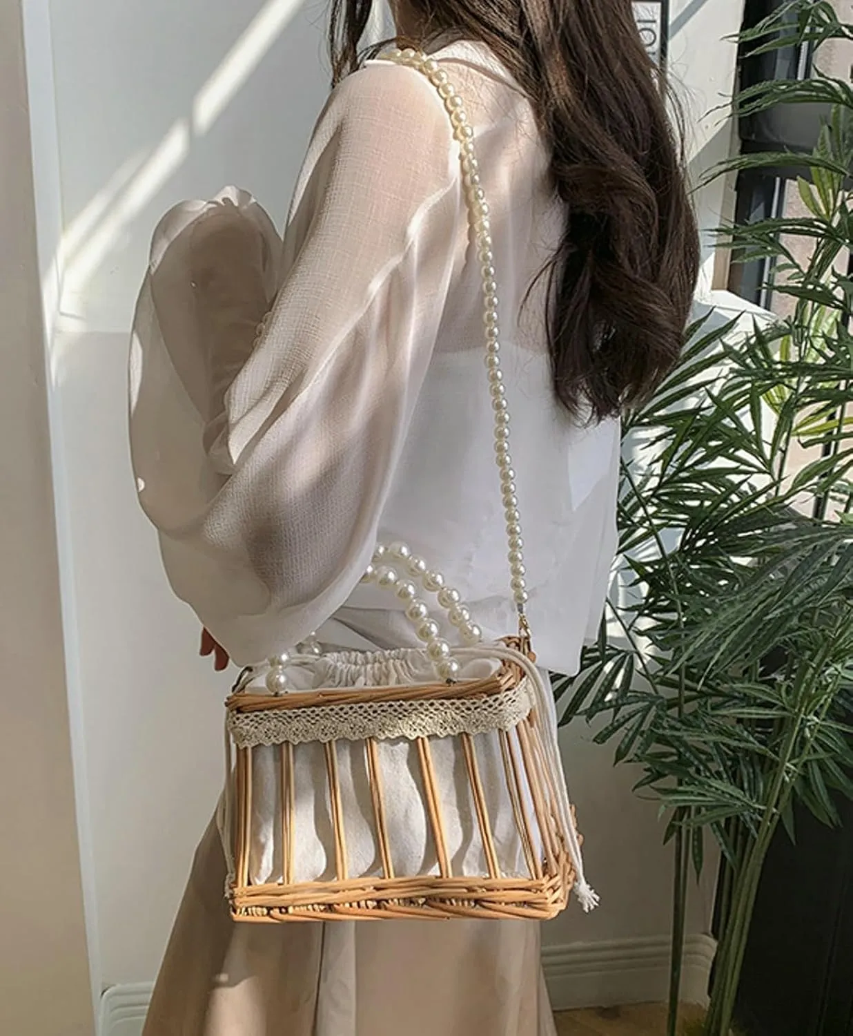 Summer Woven Straw Crossbody Bag Pearl Handle Satchel Style Handbag Lace Bow Vintage Beach Travel