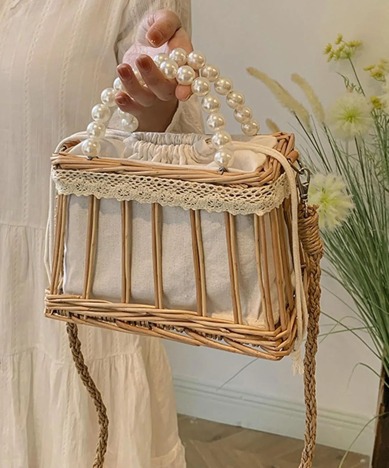 Summer Woven Straw Crossbody Bag Pearl Handle Satchel Style Handbag Lace Bow Vintage Beach Travel