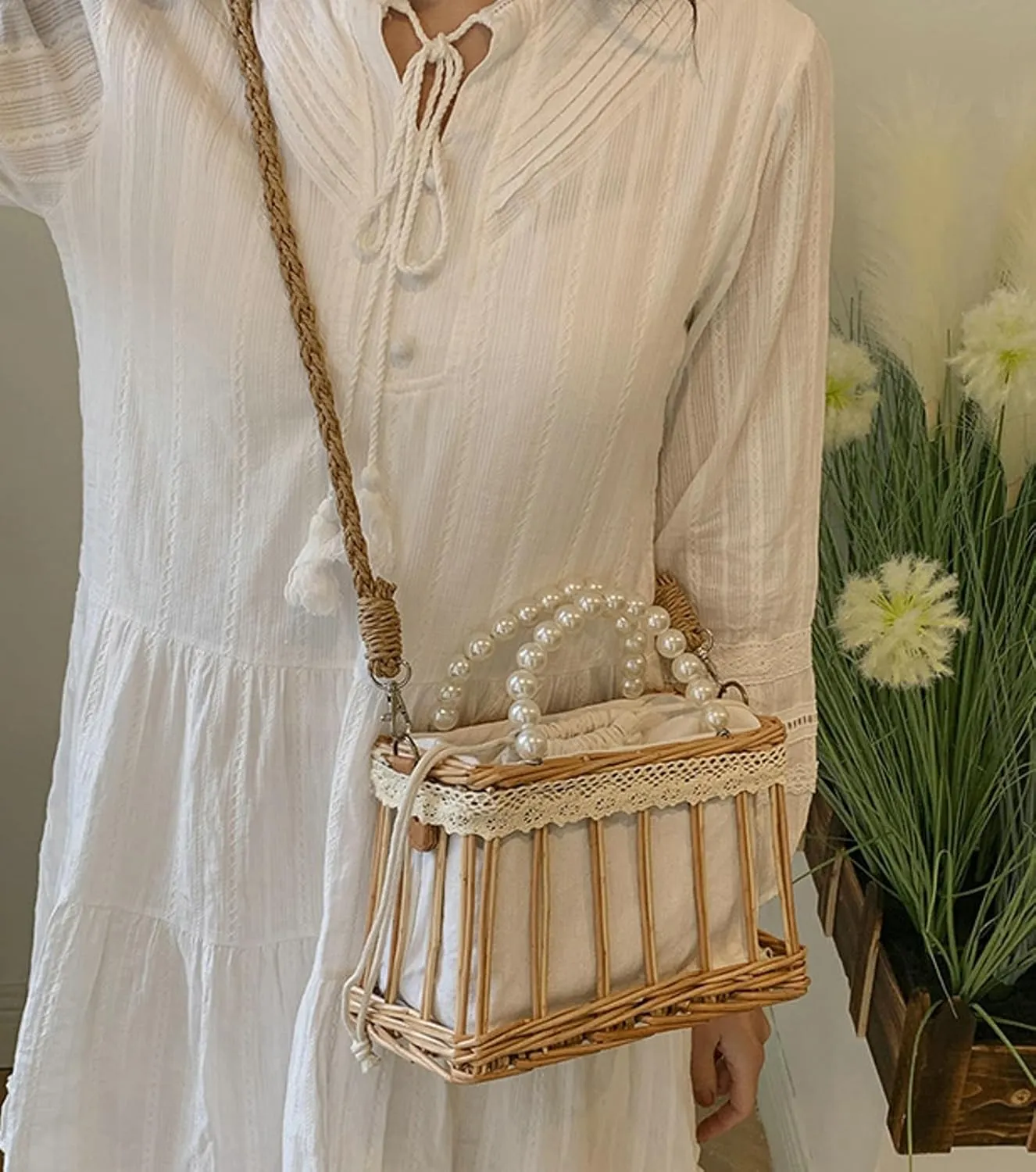 Summer Woven Straw Crossbody Bag Pearl Handle Satchel Style Handbag Lace Bow Vintage Beach Travel