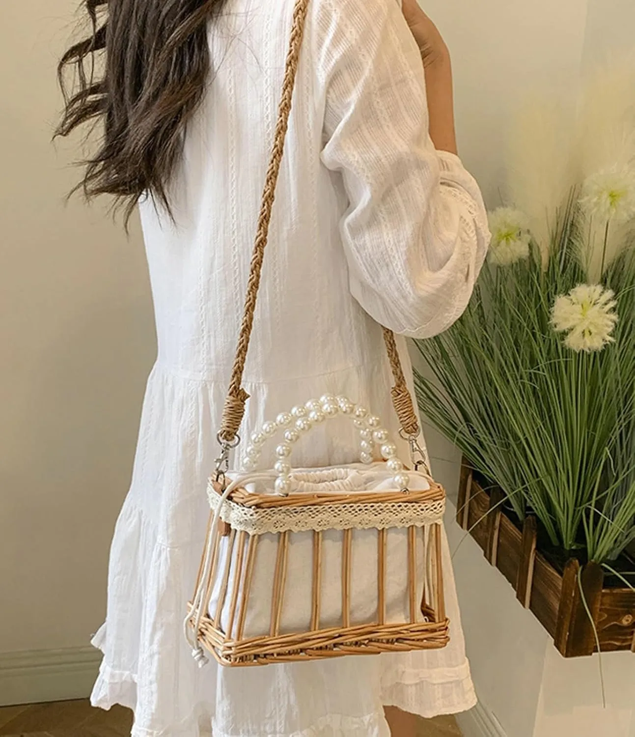 Summer Woven Straw Crossbody Bag Pearl Handle Satchel Style Handbag Lace Bow Vintage Beach Travel