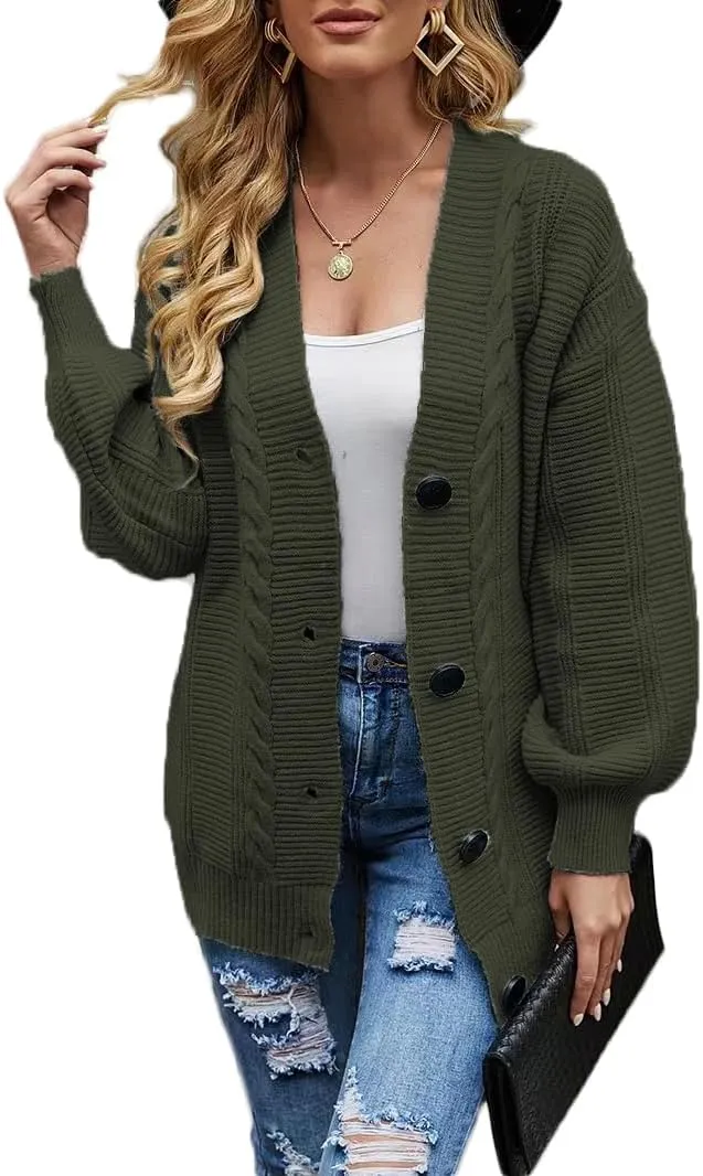 Sunfaynis Women's Oversized Cable Knit Sweaters Long Sleeve Open Front Button Down Chunky Cardigan Sweaters