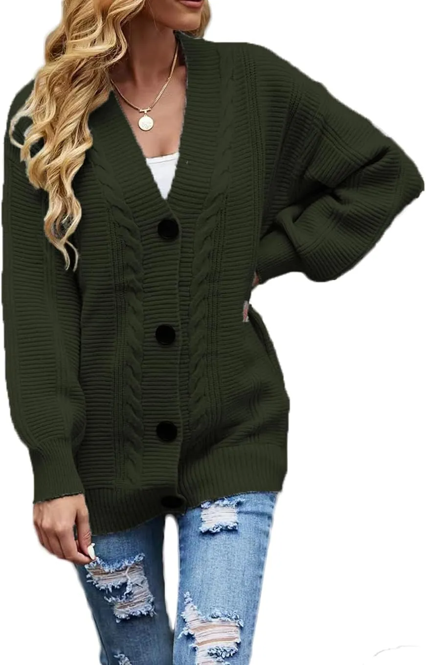 Sunfaynis Women's Oversized Cable Knit Sweaters Long Sleeve Open Front Button Down Chunky Cardigan Sweaters