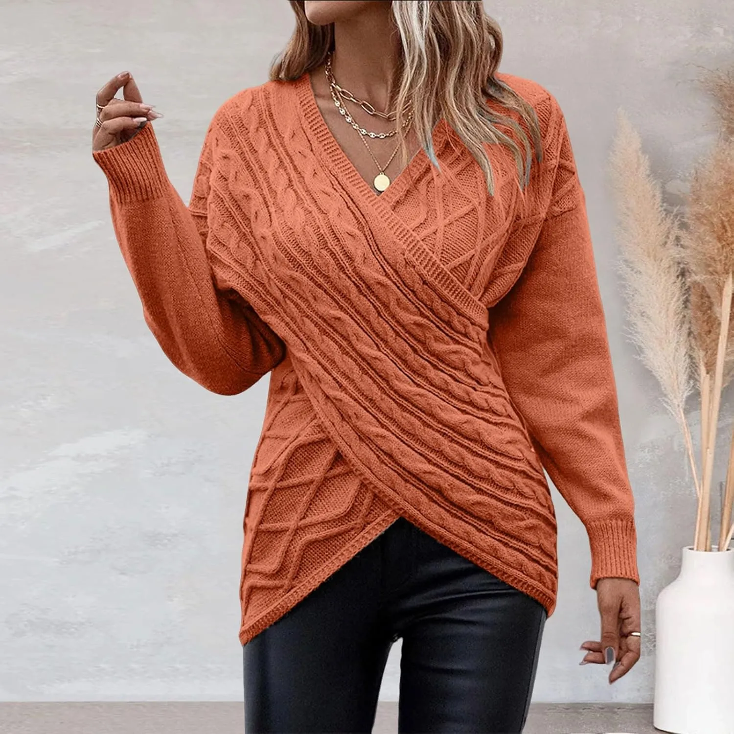Sweater for Women Chunky Knit Solid Color V Neck Long Sleeve Soft Lightweight Casual Pullover Tops