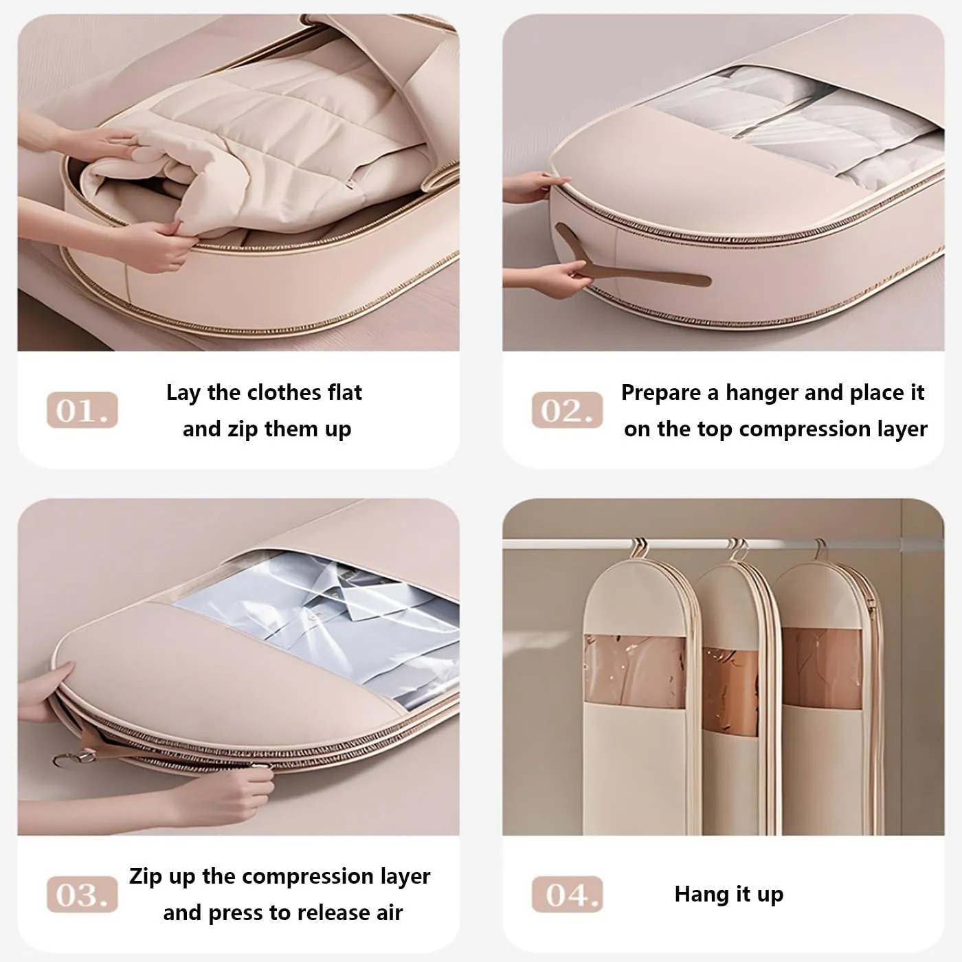 Taprinferior Hanging Garment Bag, Space Saving Hanging Garment Bag with Self Compression Zipper, Wardrobe Clothes Dust Bag (Pink, L)