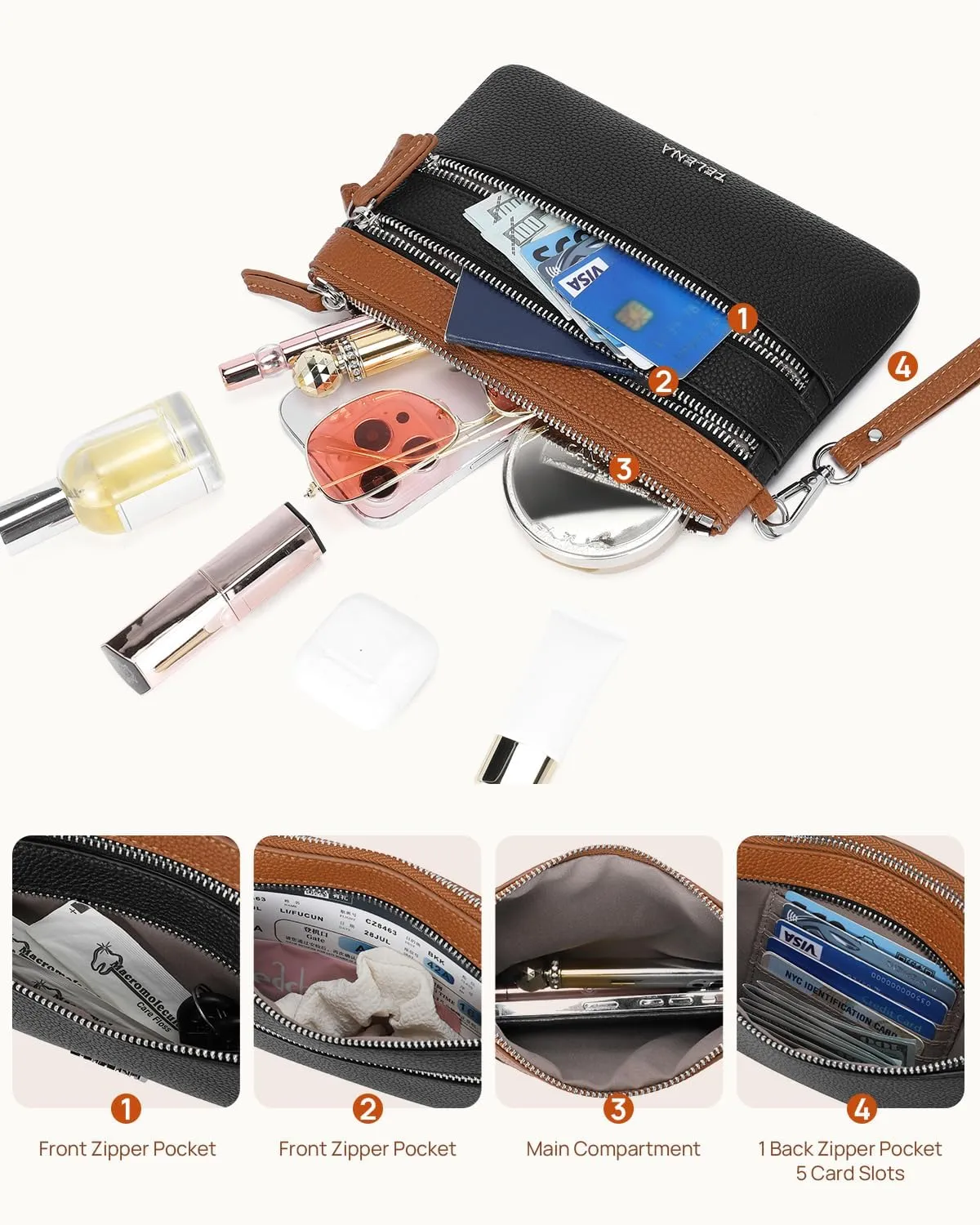 Telena Wristlet Wallets for Women Leather Clutch Purses Ladies Wallet Handbags RFID Blocking Card Holder