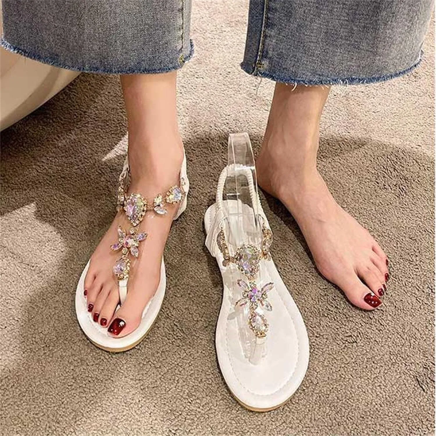 Thong Sandals for Women Elastic T Strap Flip Flops Ladies Boho Sandals Casual Flat Shoes Orthopedic Flip Flops Women