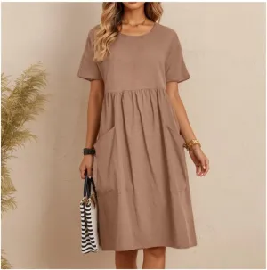 TIAFORD Women's Crew Neck Baggy Comfy Cotton Linen Dress Plus Size Short Sleeve Linen Beach Midi Dress with Pockets