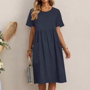 TIAFORD Women's Crew Neck Baggy Comfy Cotton Linen Dress Plus Size Short Sleeve Linen Beach Midi Dress with Pockets