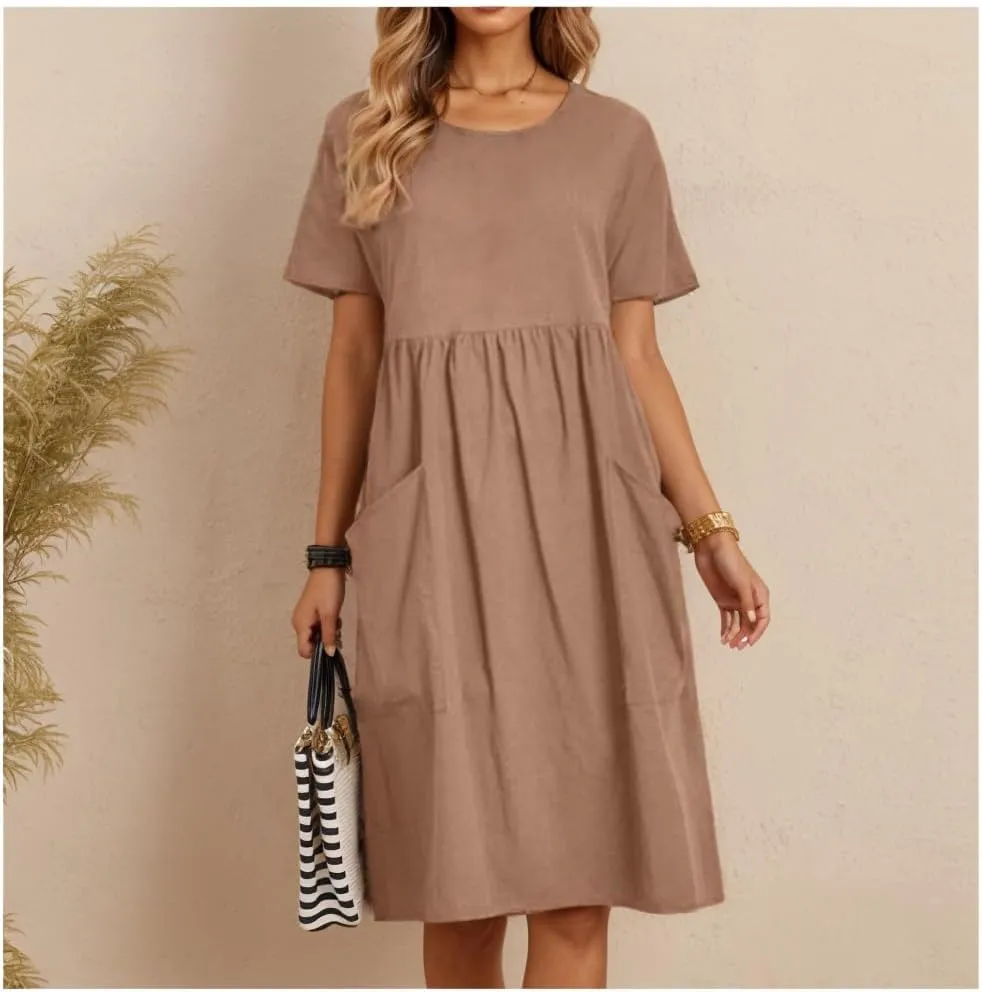 TIAFORD Women's Crew Neck Baggy Comfy Cotton Linen Dress Plus Size Short Sleeve Linen Beach Midi Dress with Pockets
