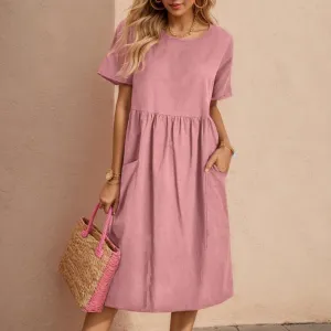 TIAFORD Women's Crew Neck Baggy Comfy Cotton Linen Dress Plus Size Short Sleeve Linen Beach Midi Dress with Pockets