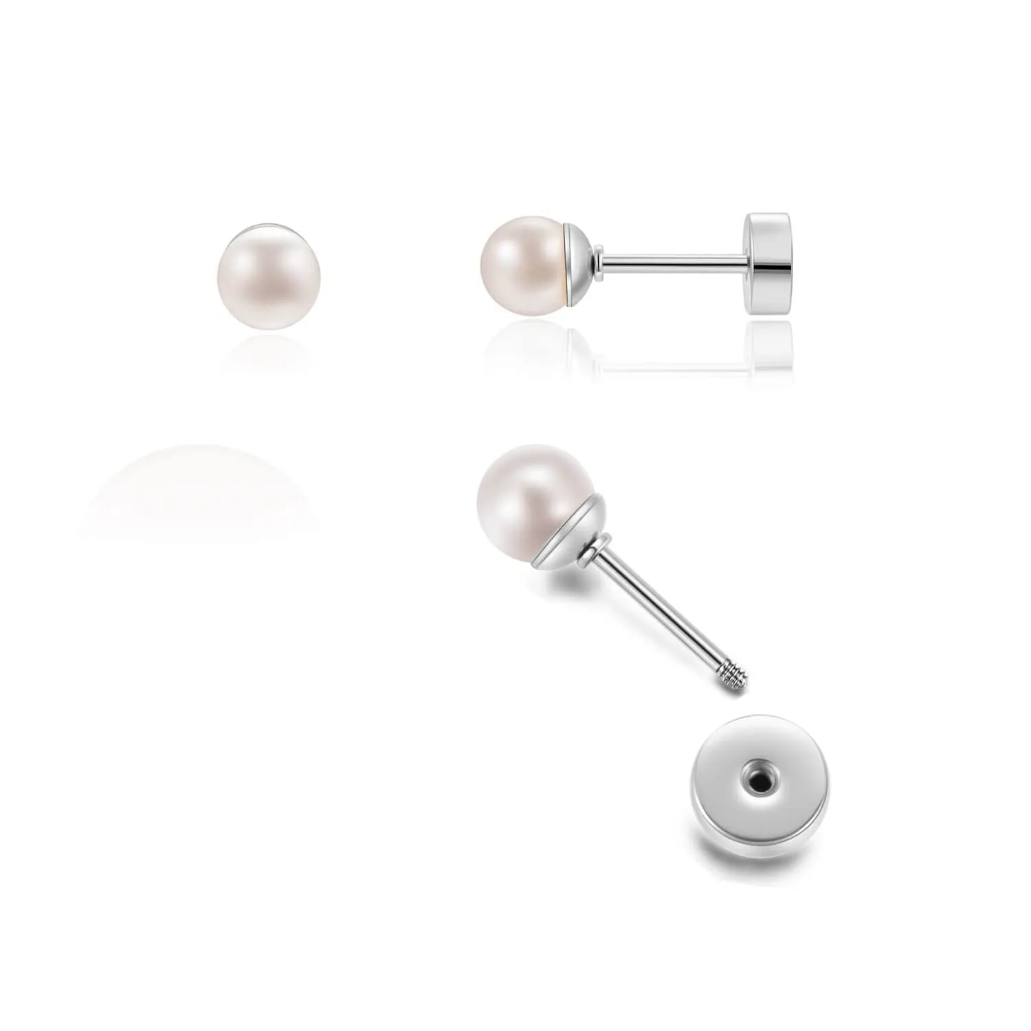 Tiny Screw Back Pearl Stud Earrings for Women,Flat Back Pearl Cartilage Earrings Pearl Helix Earrings 316L Surgical Steel Cartilage Piercing Jewelry Gift Set fo Toddlers(4mm Pearl, Silver)