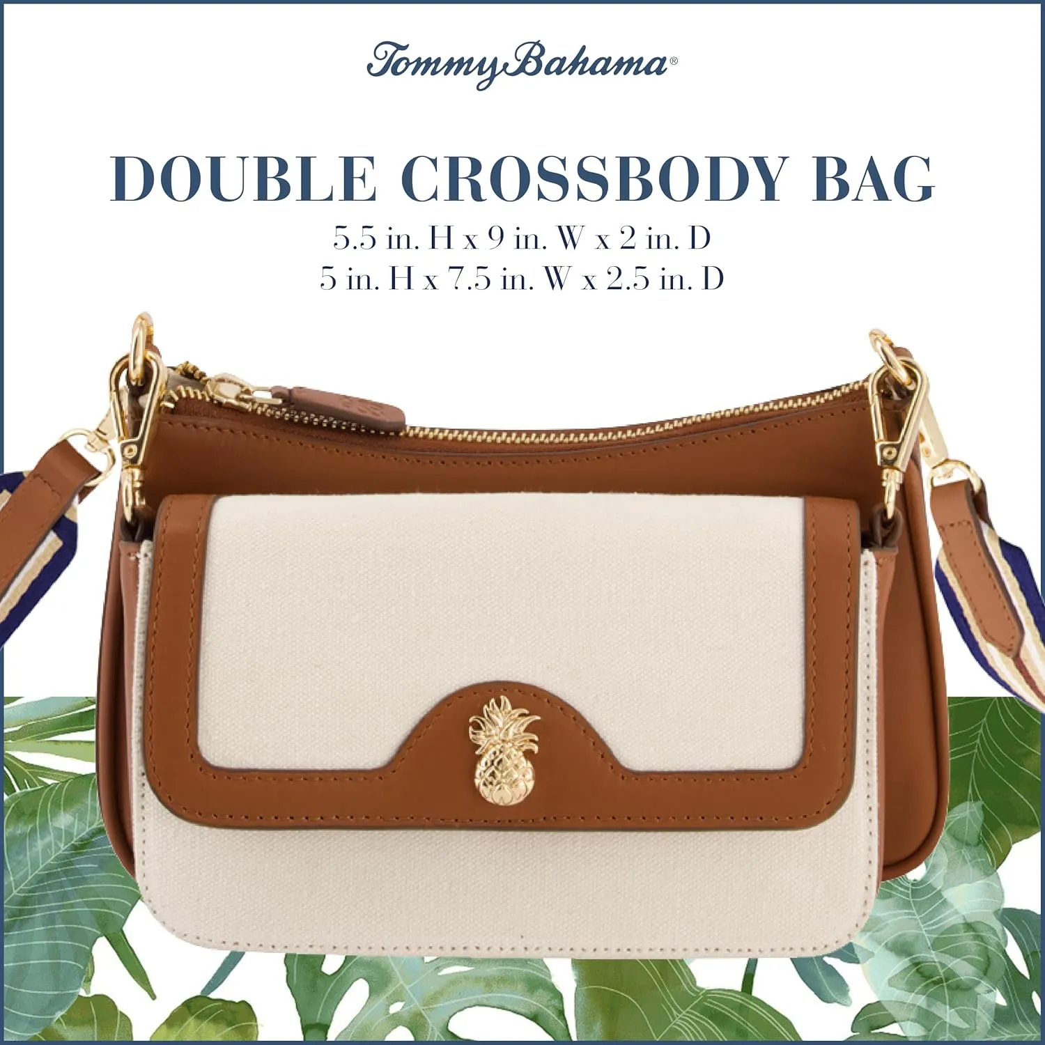 Tommy Bahama Women's Double Crossbody Bag Purse, Small Shoulder Handbag with Adjustable Strap and Leather Trim