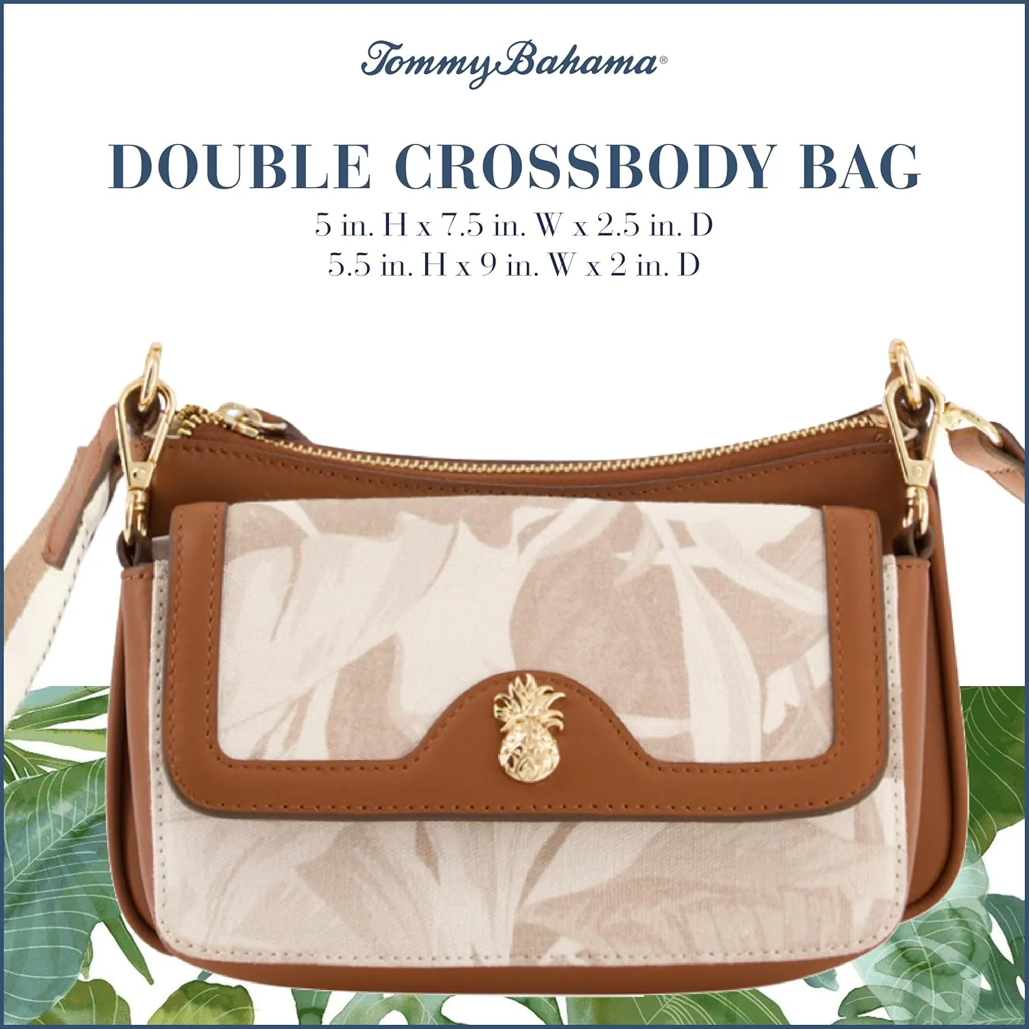 Tommy Bahama Women's Double Crossbody Bag Purse, Small Shoulder Handbag with Adjustable Strap and Leather Trim