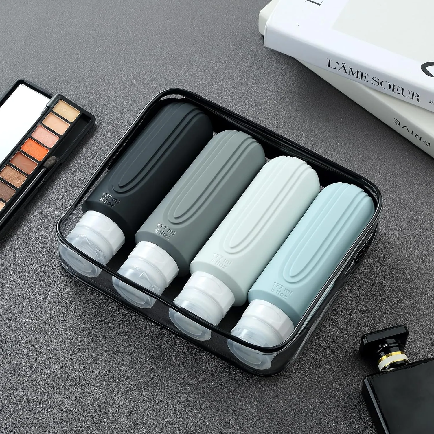 Travel Bottles for Toiletries, Large 6oz Oversize Containers, BPA Free Leak Proof Tubs Refillable Liquid Travel Accessories with Toiletry Bag for Cometic Shampoo and Lotion Soap (4 Pack)