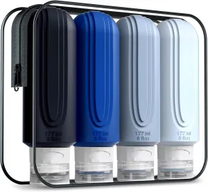 Travel Bottles for Toiletries, Large 6oz Oversize Containers, BPA Free Leak Proof Tubs Refillable Liquid Travel Accessories with Toiletry Bag for Cometic Shampoo and Lotion Soap (4 Pack)