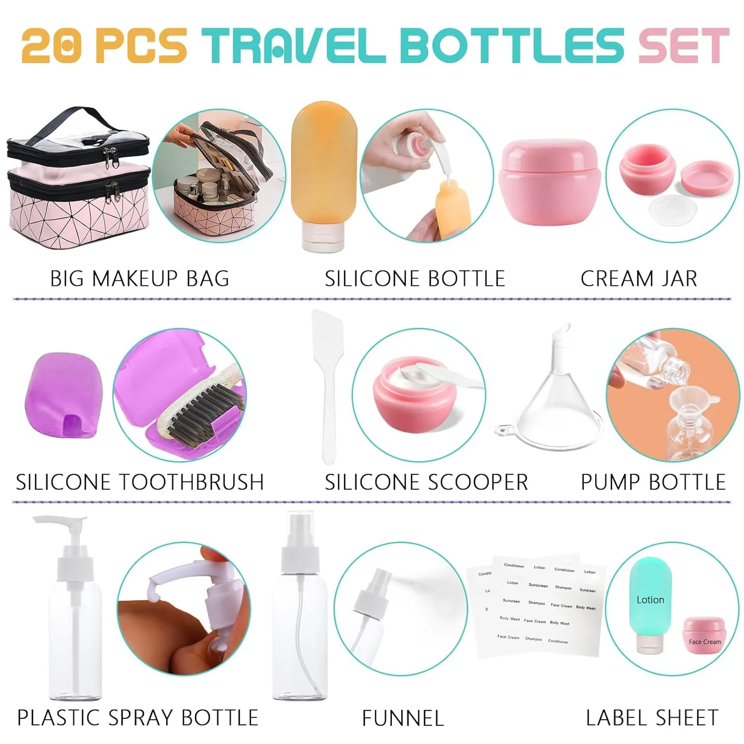Travel Bottles Silicone Bottles for Travel, Silicone Refillable Size Containers with Cosmetic Bag, Travel Accessories Travel Tubes Toiletries for Cosmetic Shampoo Cream Conditioner Lotion Soap
