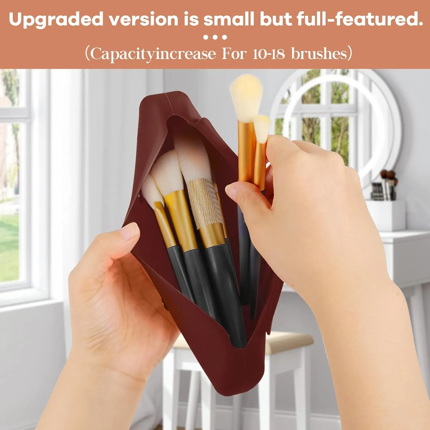 Travel Makeup Brush HolderSilicone Makeup Brush Holder Portable Cosmetic Organiser with Two Upgraded Anti-fall Off Magnetic Clips  foldable, large capacity -Coffee