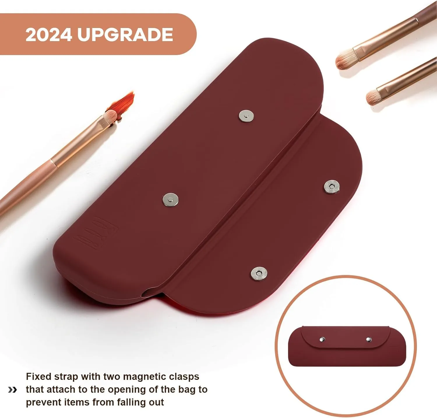 Travel Makeup Brush HolderSilicone Makeup Brush Holder Portable Cosmetic Organiser with Two Upgraded Anti-fall Off Magnetic Clips  foldable, large capacity -Coffee