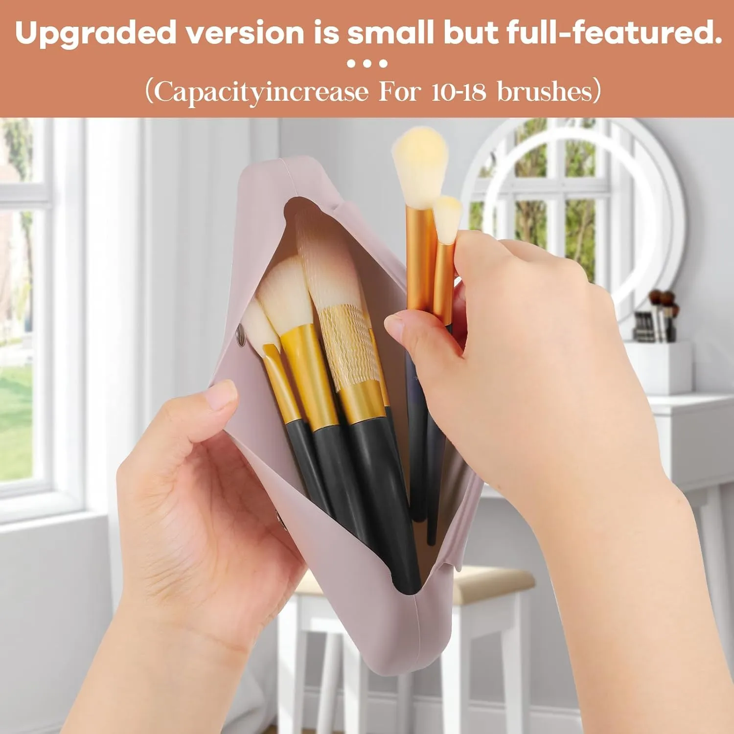 Travel Makeup Brush HolderSilicone Makeup Brush Holder Portable Cosmetic Organiser with Two Upgraded Anti-fall Off Magnetic Clips  foldable, large capacity -Khaki