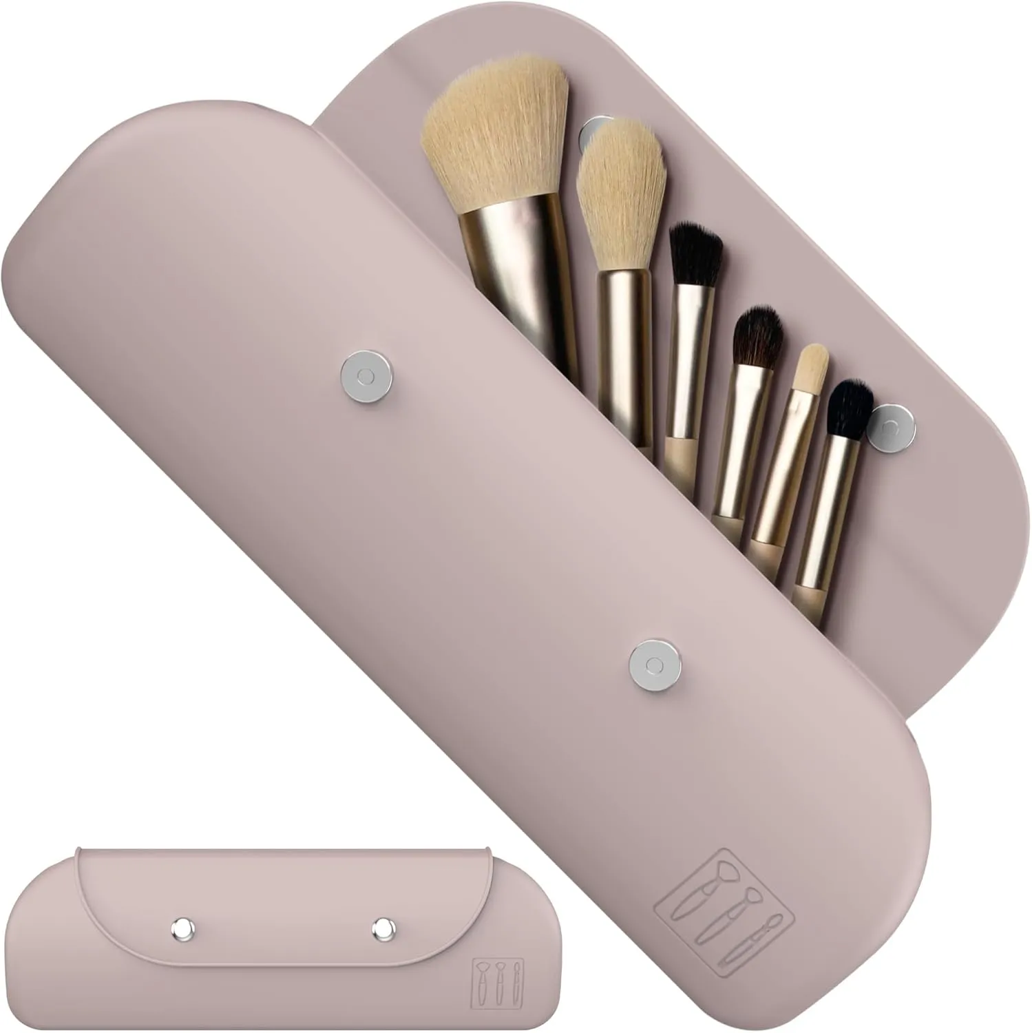 Travel Makeup Brush HolderSilicone Makeup Brush Holder Portable Cosmetic Organiser with Two Upgraded Anti-fall Off Magnetic Clips  foldable, large capacity -Khaki